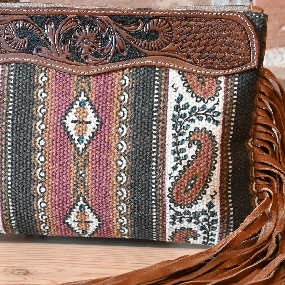 Myra Mojave paisley fringed hand-tooled bag