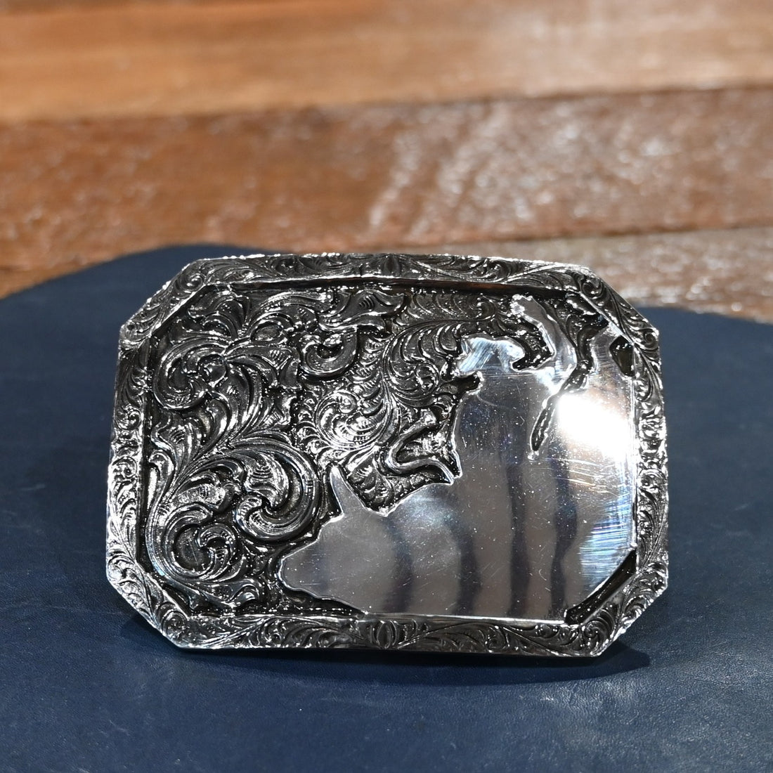 Crumrine rectangle floral bull rider belt buckle with engraved detailing, 7/8&quot; x 3&quot;