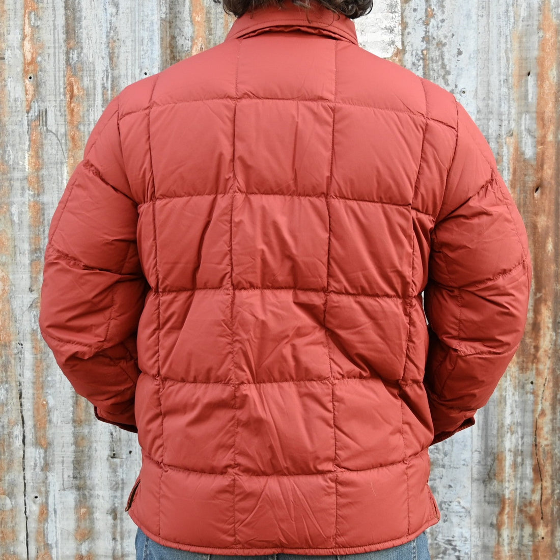 Filson Lightweight Down Jacket Shirt in Madder Red view of back of jacket on model size M