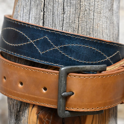 Hondo Honey Crazy Horse leather belt with navy Volcano inlay designed to match Hondo Boot 4014