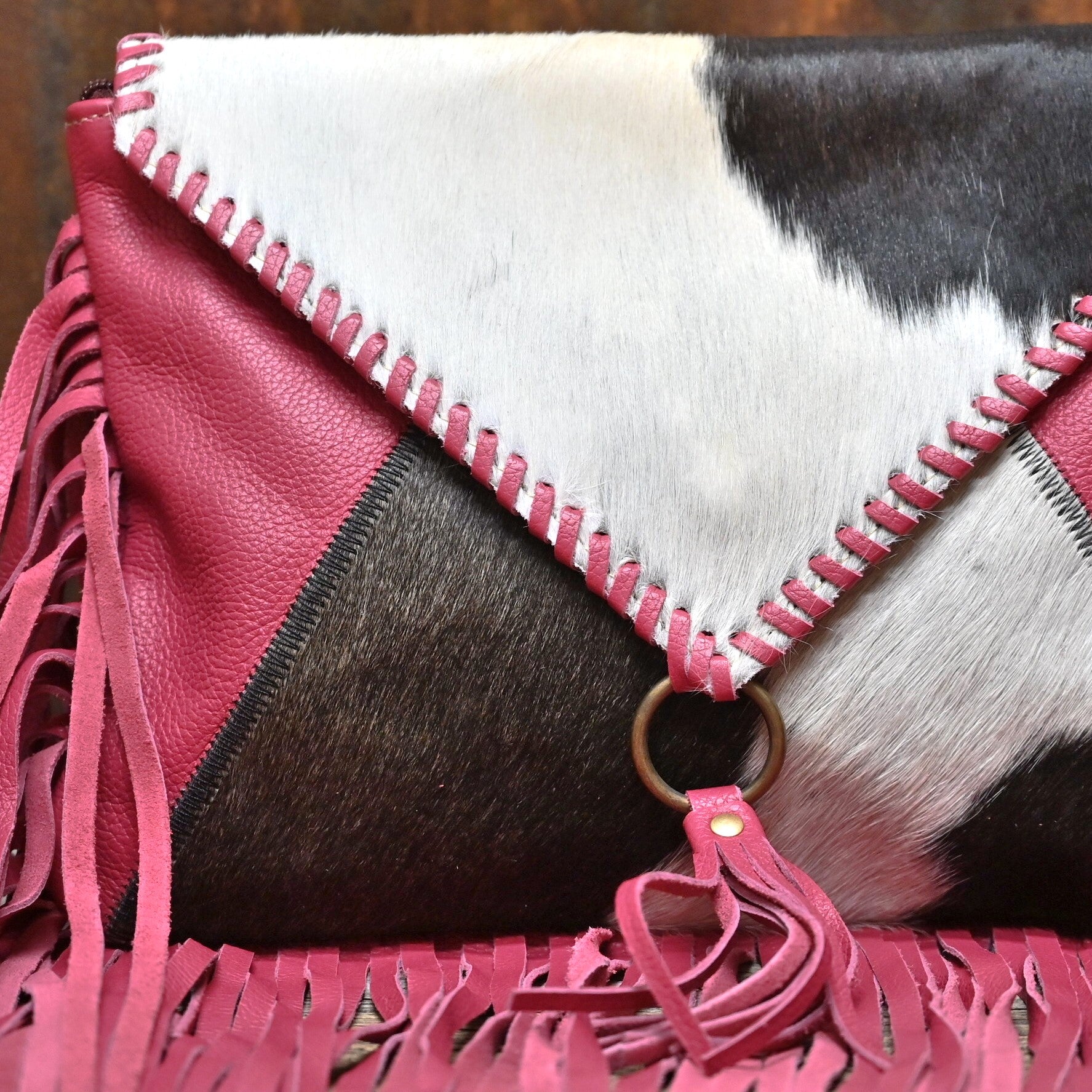 Myra Letterstone Trail Fringe Leather and Hair On in Pink view detail