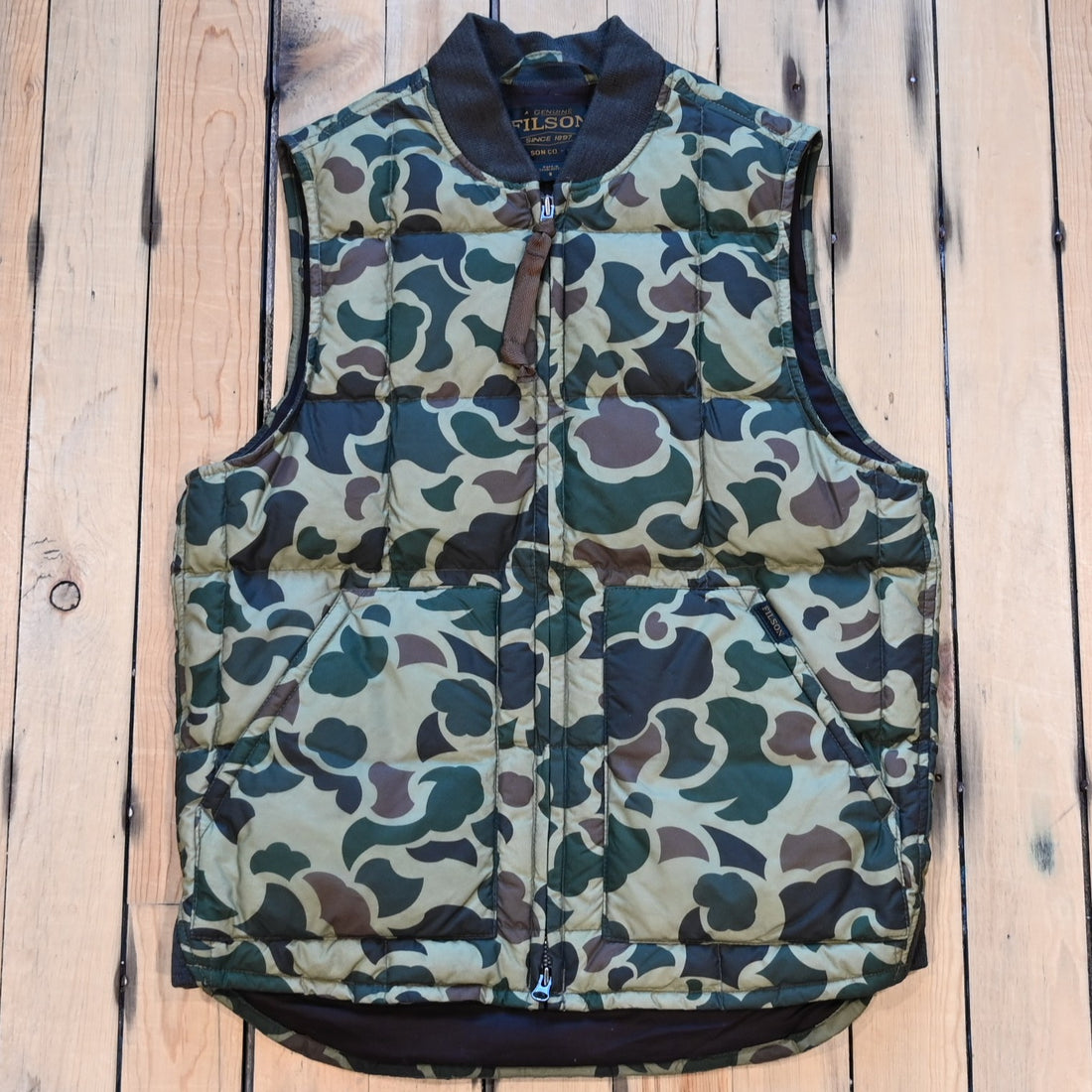 Filson Waxed Down Vest Tundra Shrub Camo — camo print, waxed cotton shell, down fill