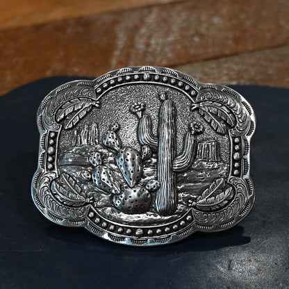 Blazin Roxx rectangle buckle with smooth edge, cactus centerpiece, and feather design