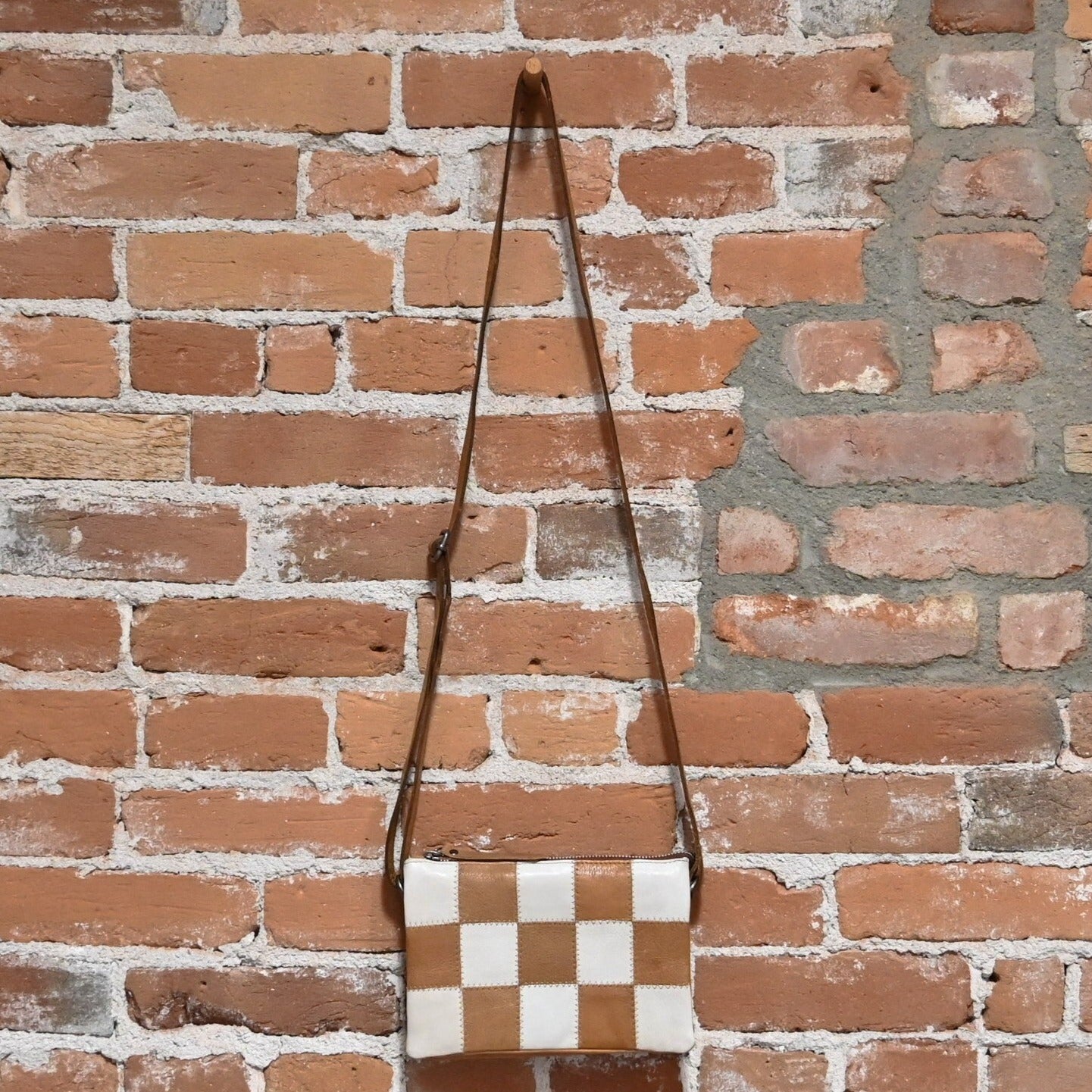 Latico Sadie Crossbody in Oat Patchwork view of bag hanging