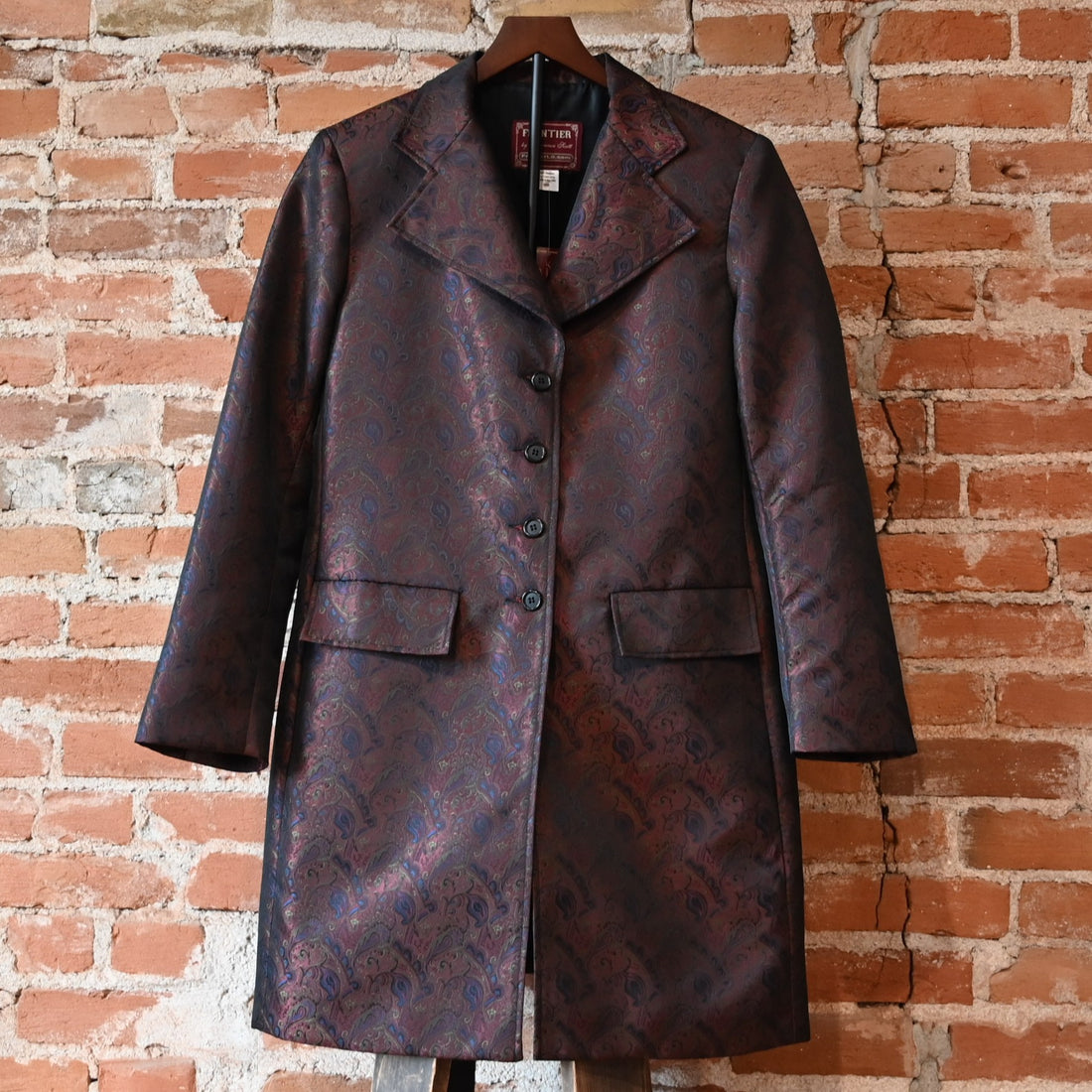 Frontier ladies rust blue green brocade frock coat with tailored bodice and mid-length skirt