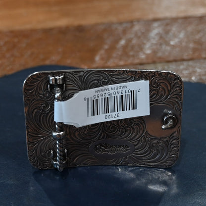 Nocona rectangle buckle with rope border and engraved floral and scroll design