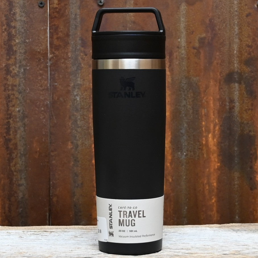 Stanley Black 2.0 20 oz Café‑To‑Go travel mug with loop handle and two‑piece sip lid.
