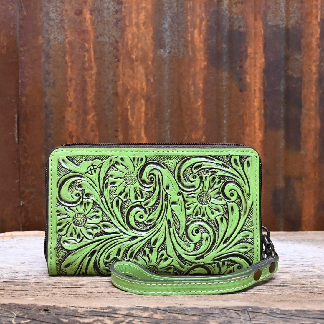 American Darling Green Tooled Clutch with Wristlet view of clutch