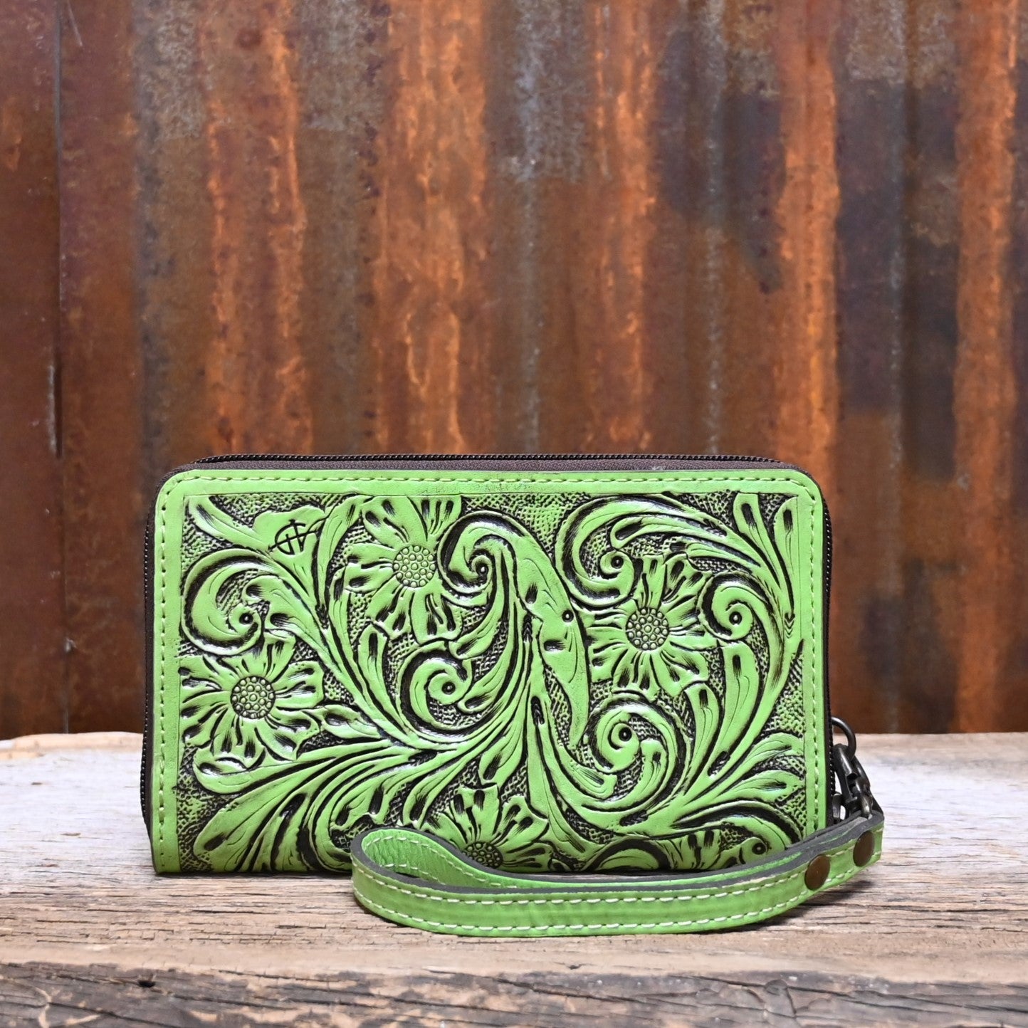 American Darling Green Tooled Clutch with Wristlet view of clutch