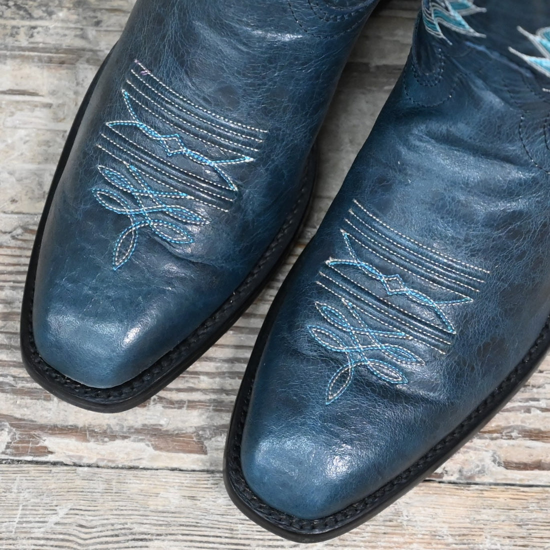 View of Hondo 13&quot; cowboy boot in blue cowhide with tight French square toe and spur ledge