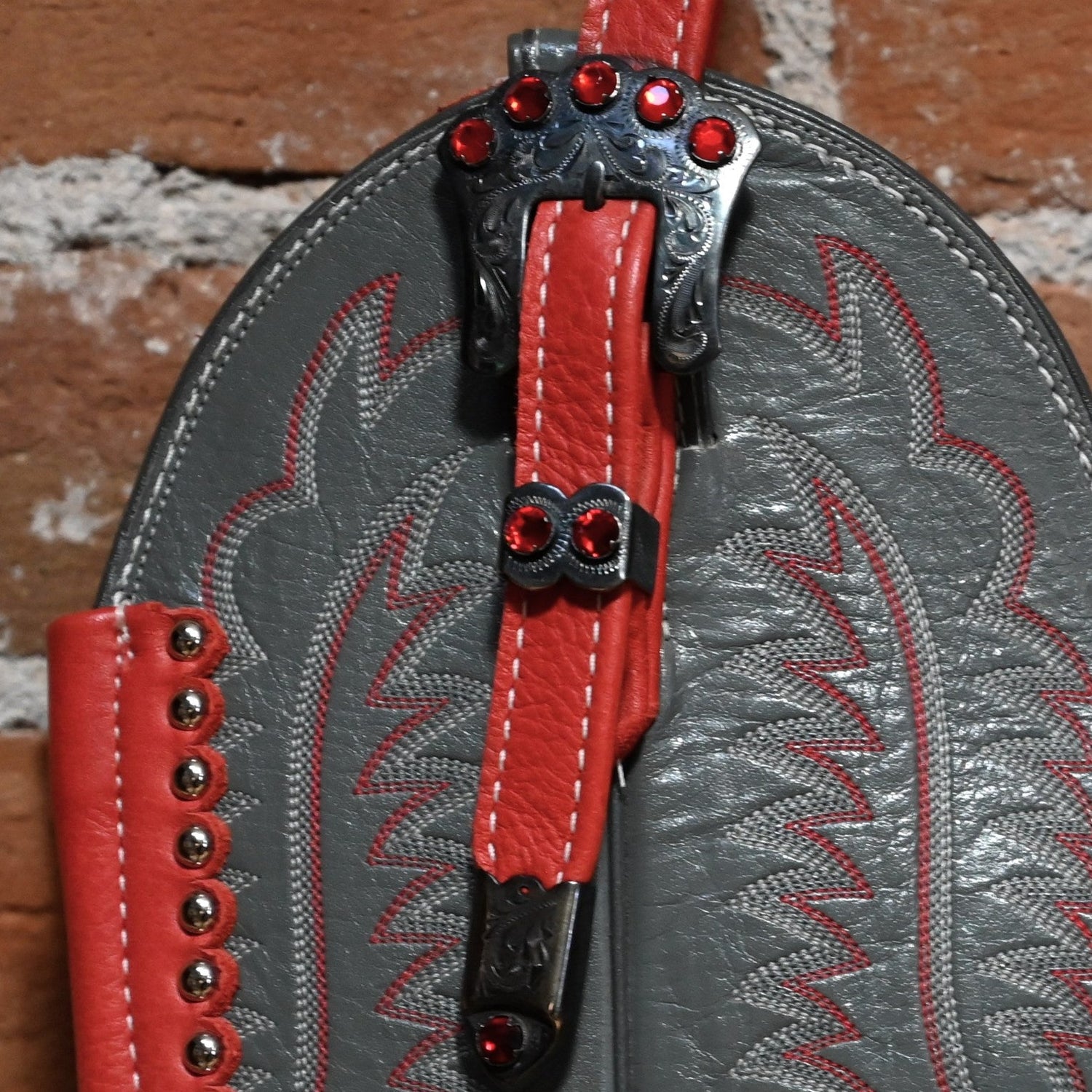 Purse- Cowboy Boot Top w/ buckles- red and gray close up view