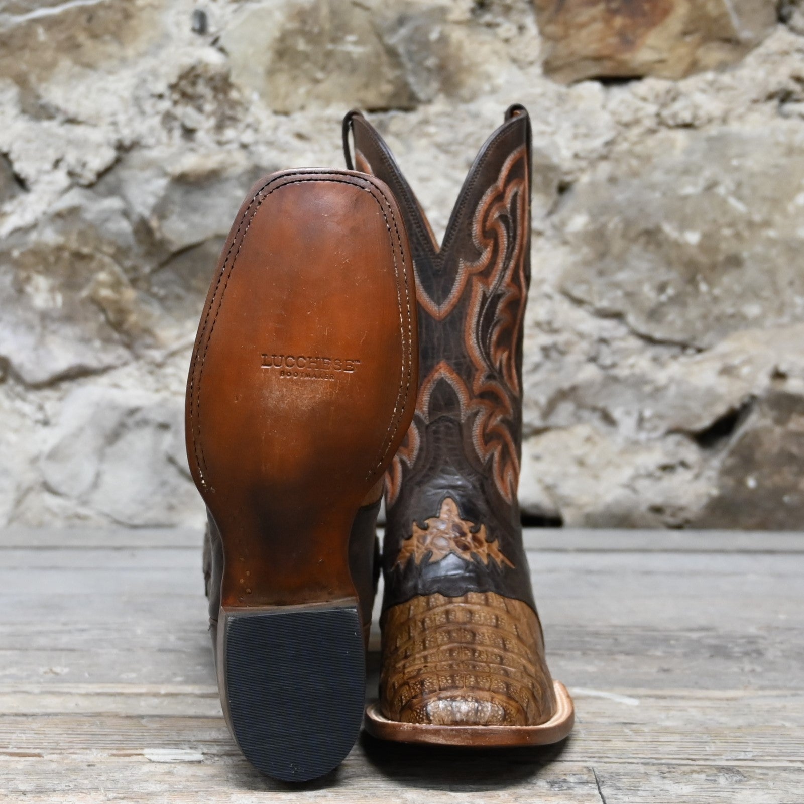 Lucchese Men s 12 Boot In Hornback Caiman W Saddle Diego Inlay and Pull Strap Overlays