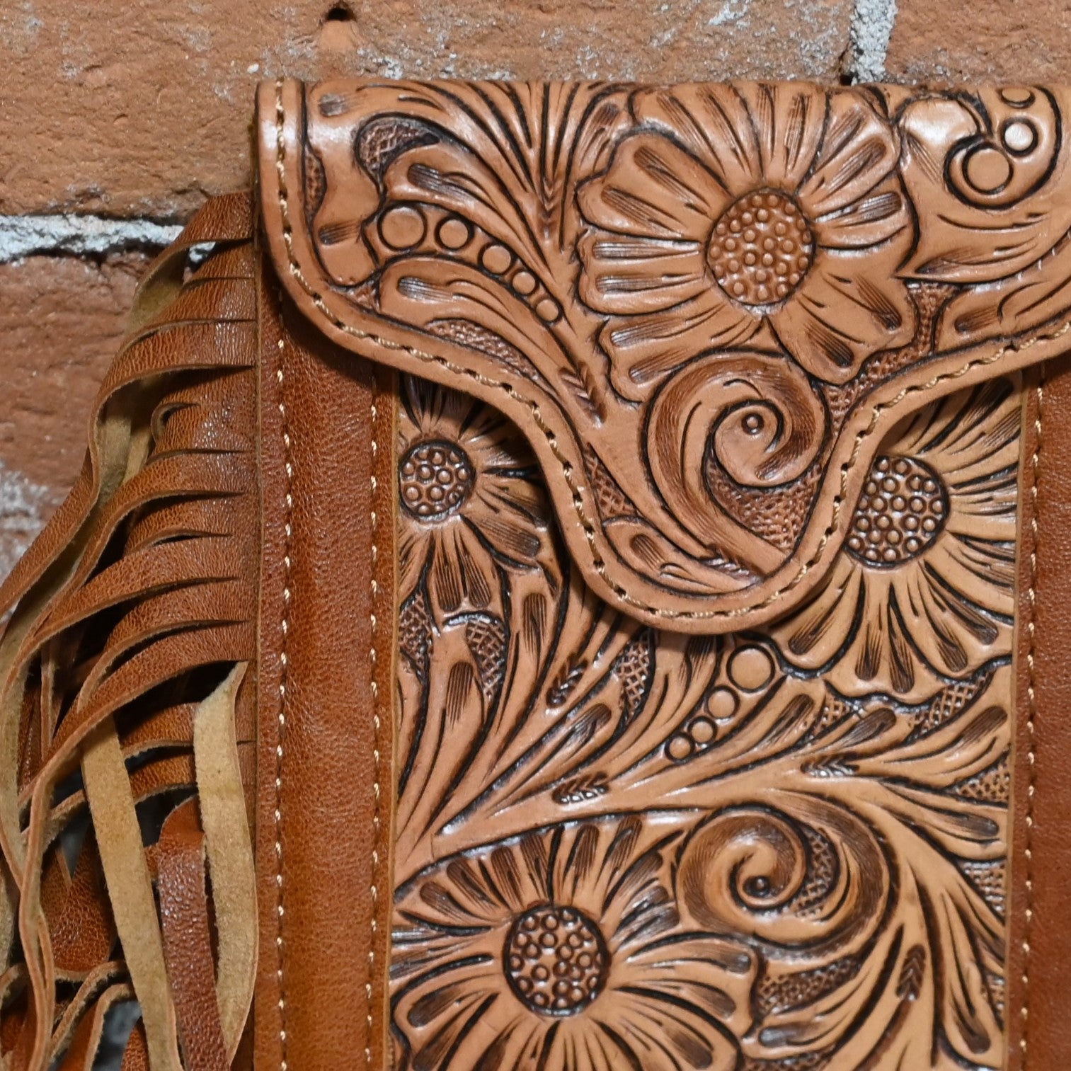 American Darling Tooled Crossbody with Fringe view of detail