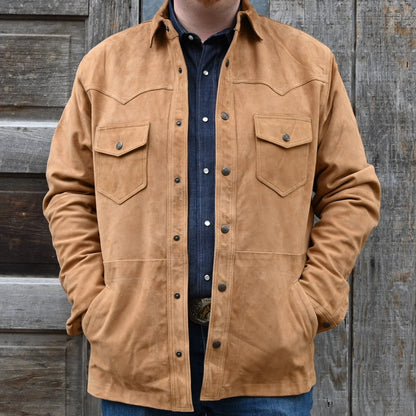 Schaefer Mens Suede Overshirt in Tan view of front of jacket on model size XL