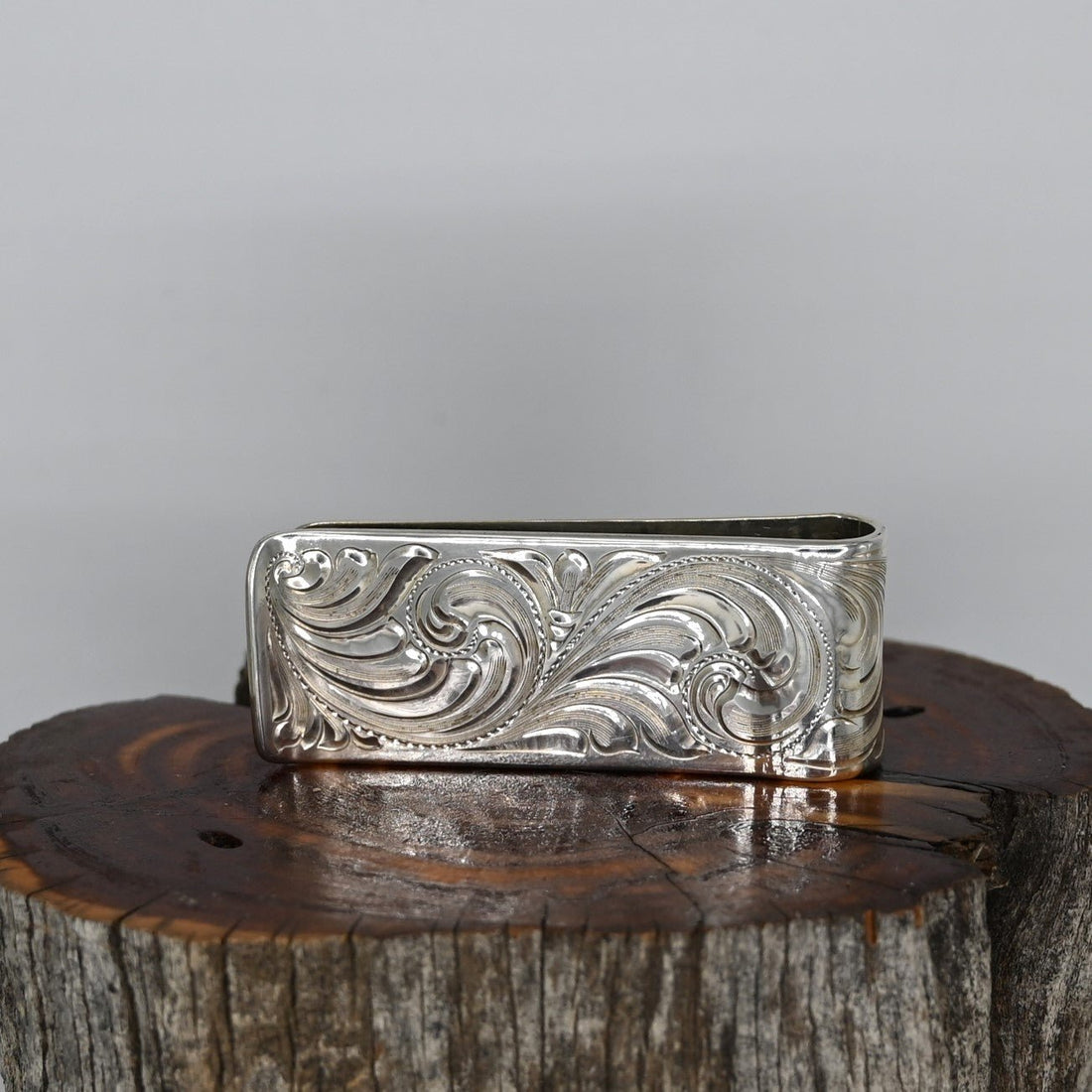 Fully Engraved Sterling Silver Money Clip view of money clip