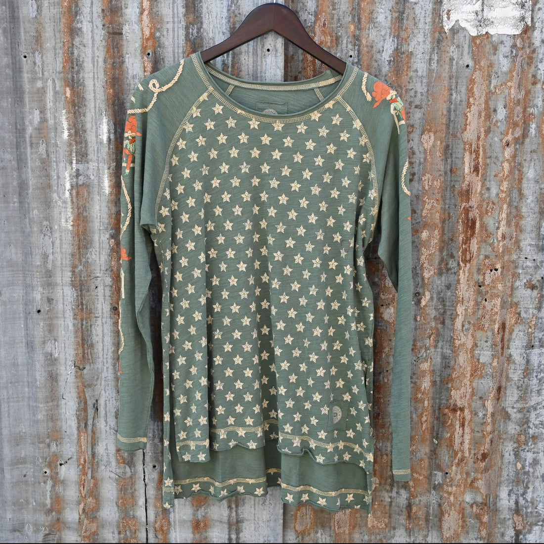 Double D Ranch Cowboys Up My Sleeve Top in Garcitas Green front view