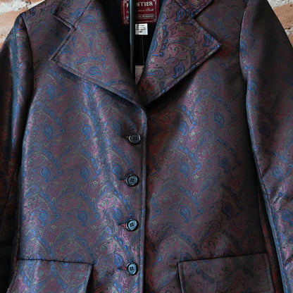 Frontier ladies rust blue green brocade frock coat with tailored bodice and mid-length skirt