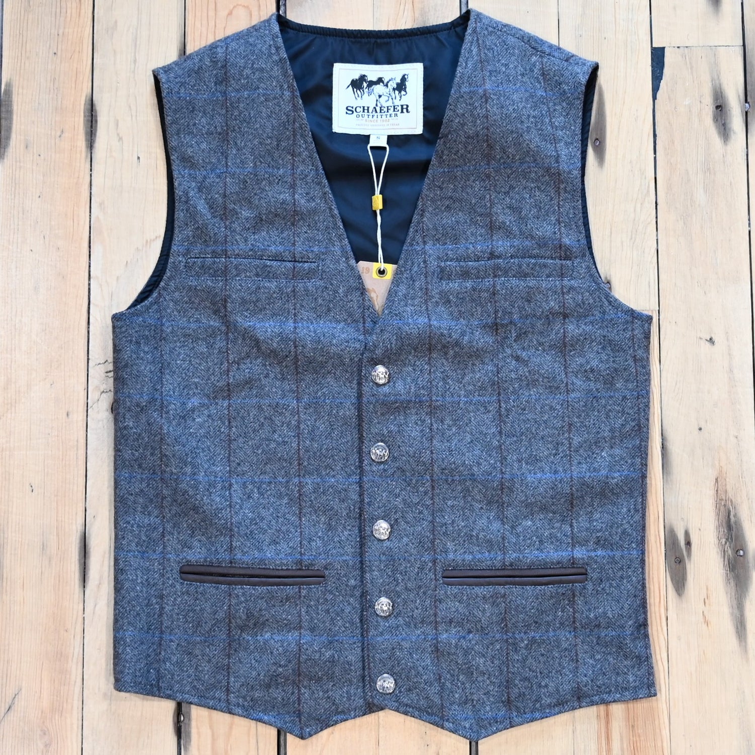 Schaefer McAllin wool vest in heather gray windowpane pattern with snap front