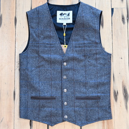 Schaefer McAllin wool vest in heather gray windowpane pattern with snap front