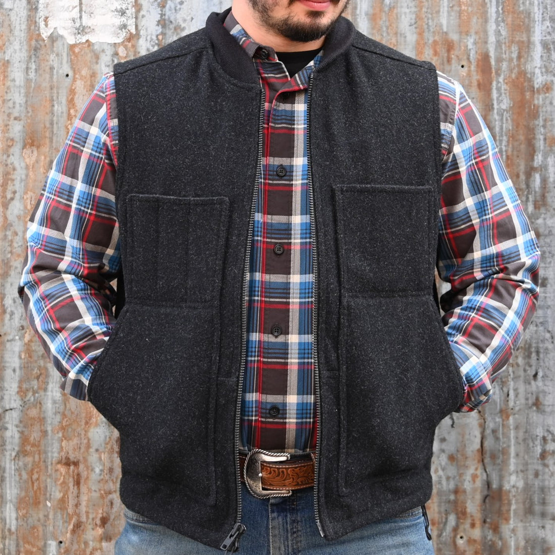 Filson Lined Mackinaw Wool Work Vest view of vest in charcol