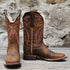 Ladies Square Toe Boot in Rustic Brown with Pink Stitching view of front and side