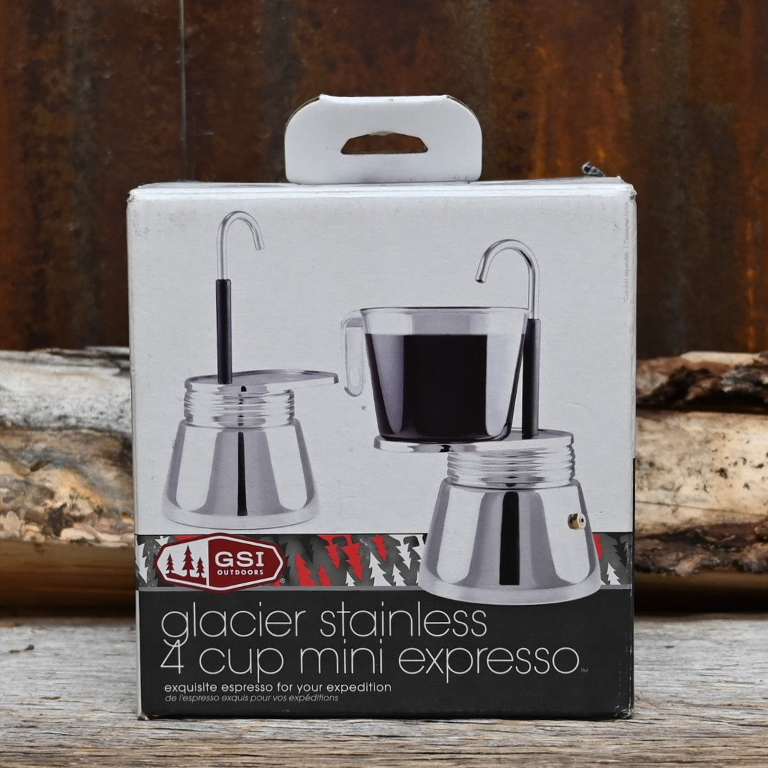 GSI Mini Espresso Maker 4-cup stainless steel with matching double-wall cup and carry case
