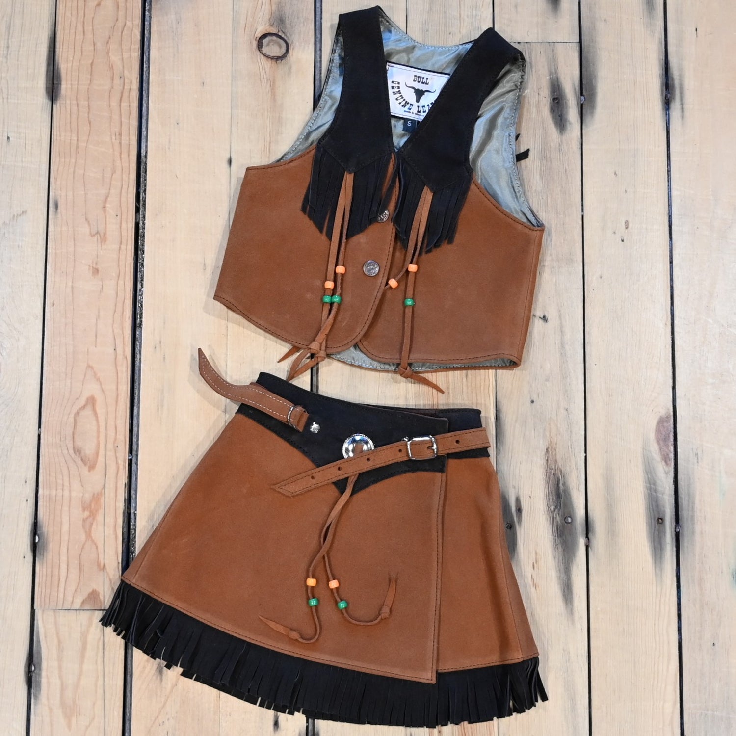 Southbay brown tan girls leather skirt and vest set genuine leather youth Western outfit