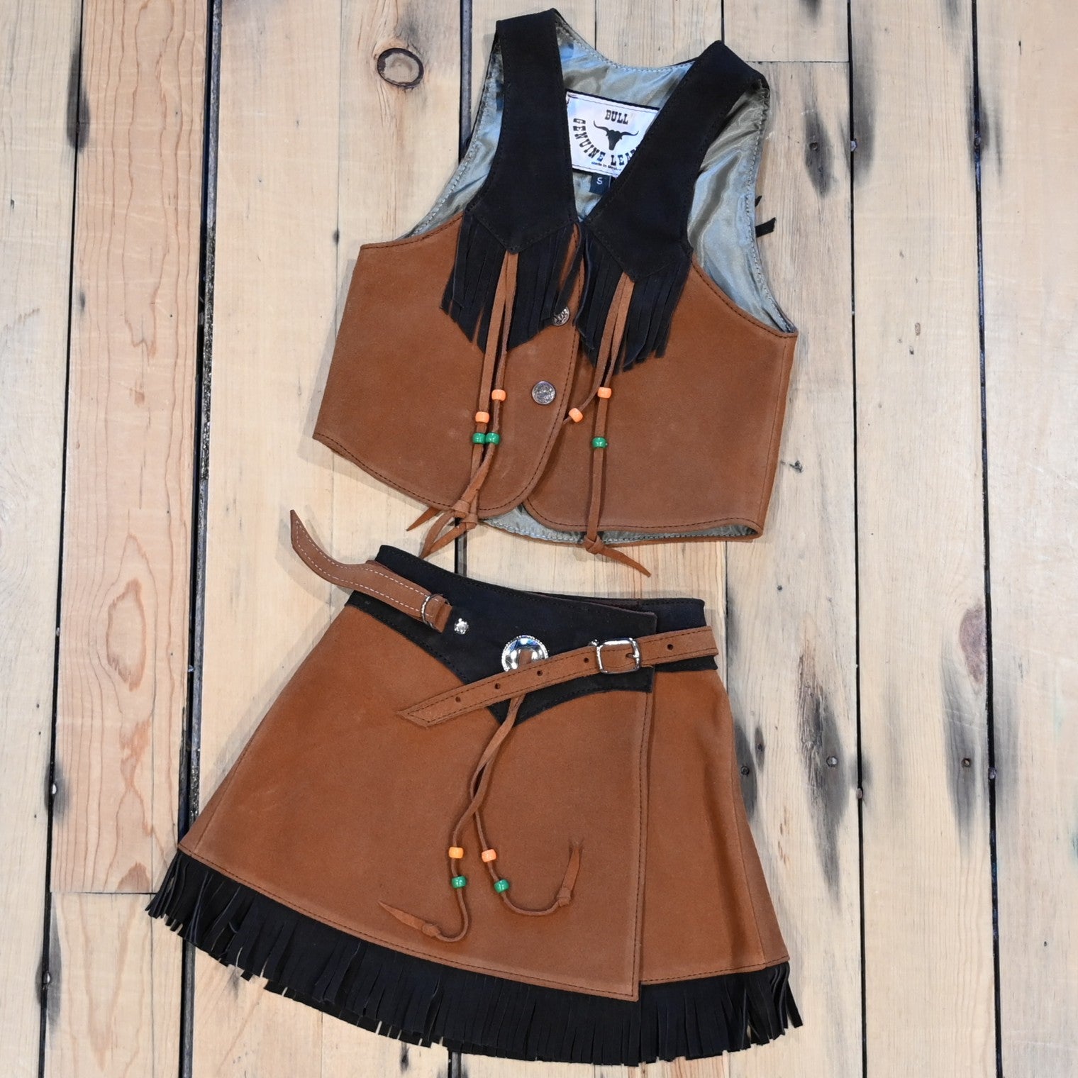 Southbay brown tan girls leather skirt and vest set genuine leather youth Western outfit