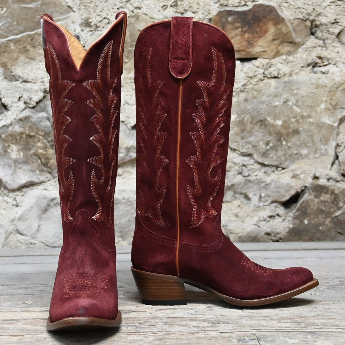 Macie Bean Cabernet Cowgirl Boots in Wine Suede view of front and side