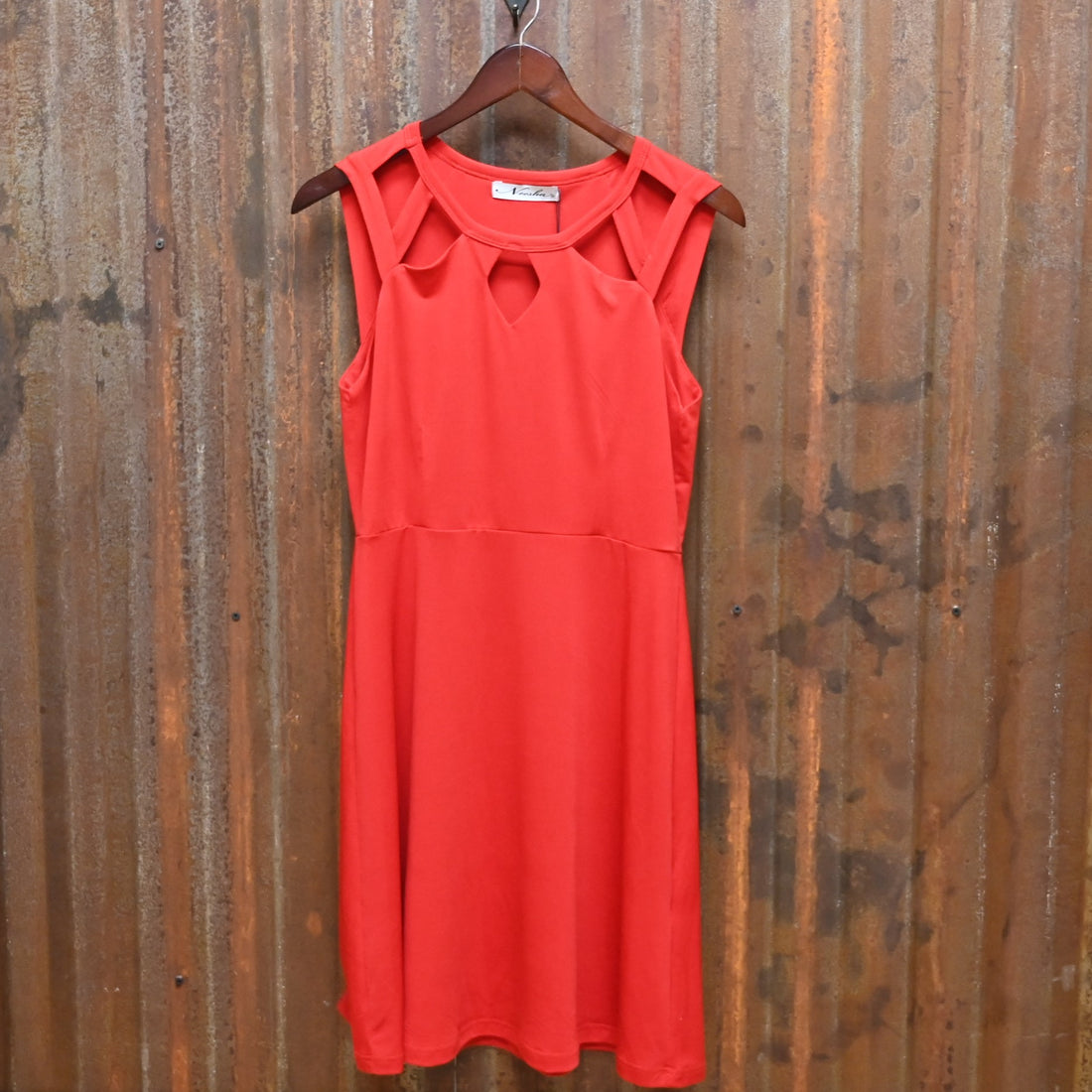 Cut Out Neckline Fit and Flare Dress-Red view of front