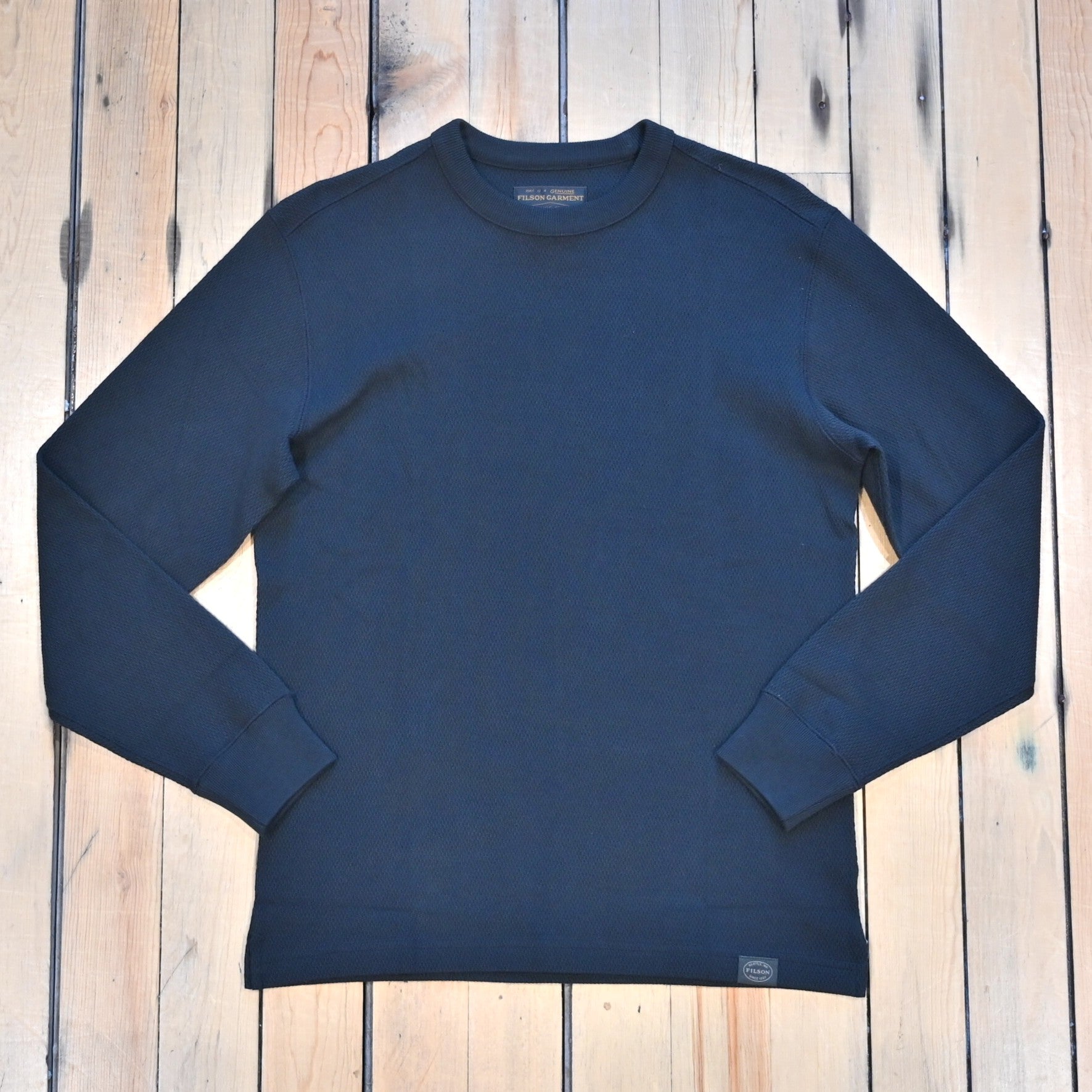 Filson Waffle Knit Thermal Crewneck in navy cotton with waffle texture and rib-knit cuffs
