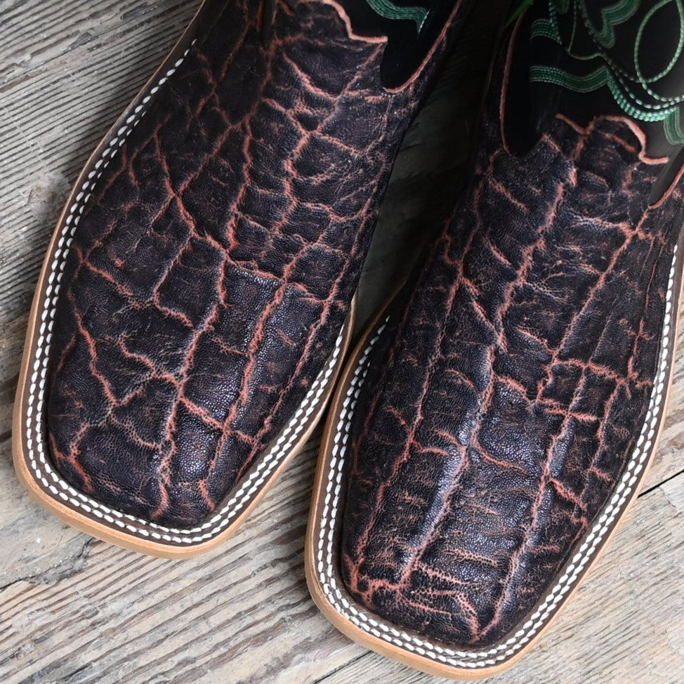 View of Anderson Bean 13" boot with bark vintage elephant vamp and black glove leather top