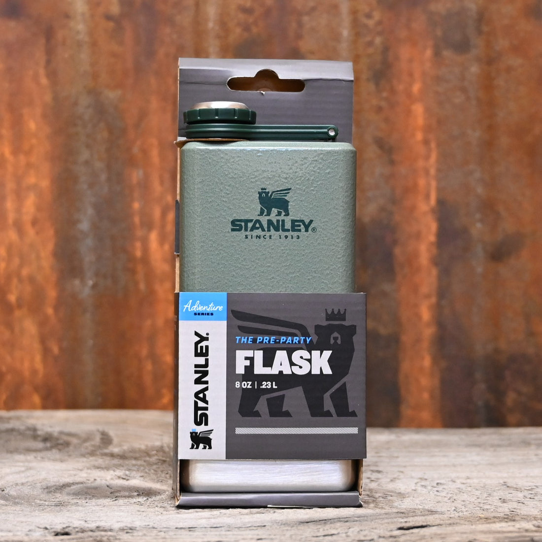 Stanley Stainless Steel Flask in Hammertone Green view of flask