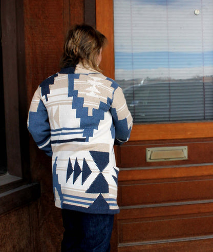 Ladies Pendleton Graphic Sweater Blazer in sandshell and Navy Multi