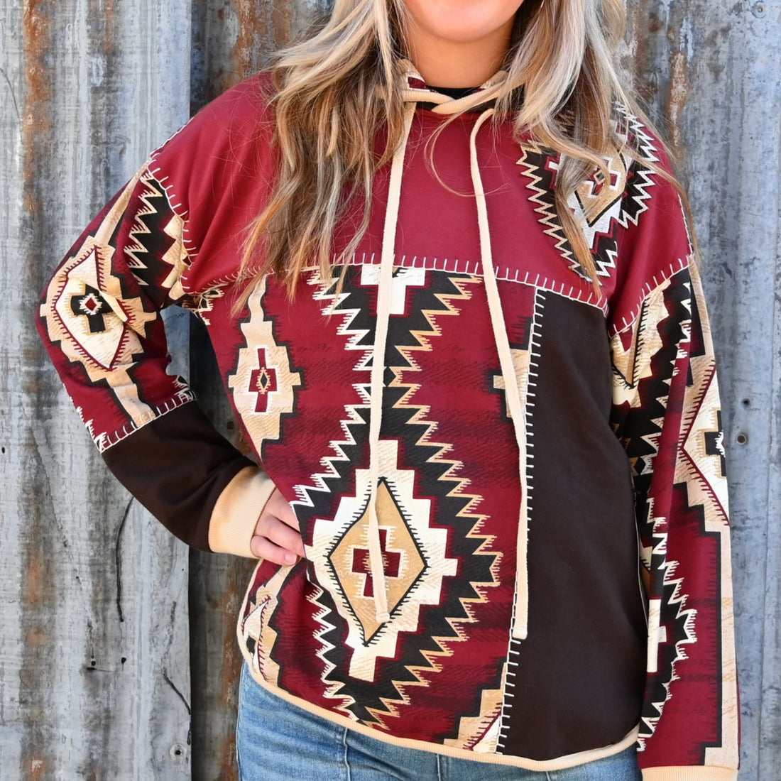 Double D Ranch Ladies Hoodie in Southwestern Print view of sweater