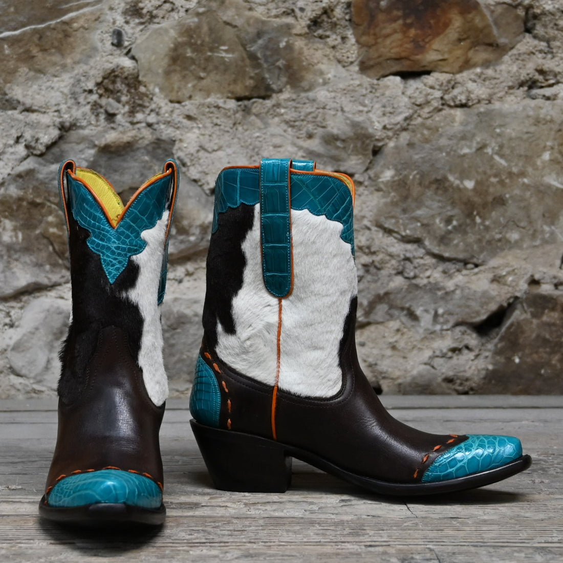 View of Stallion Ladies 9" hair-on Peewee boot with turquoise croc wingtip and 1.75" heel
