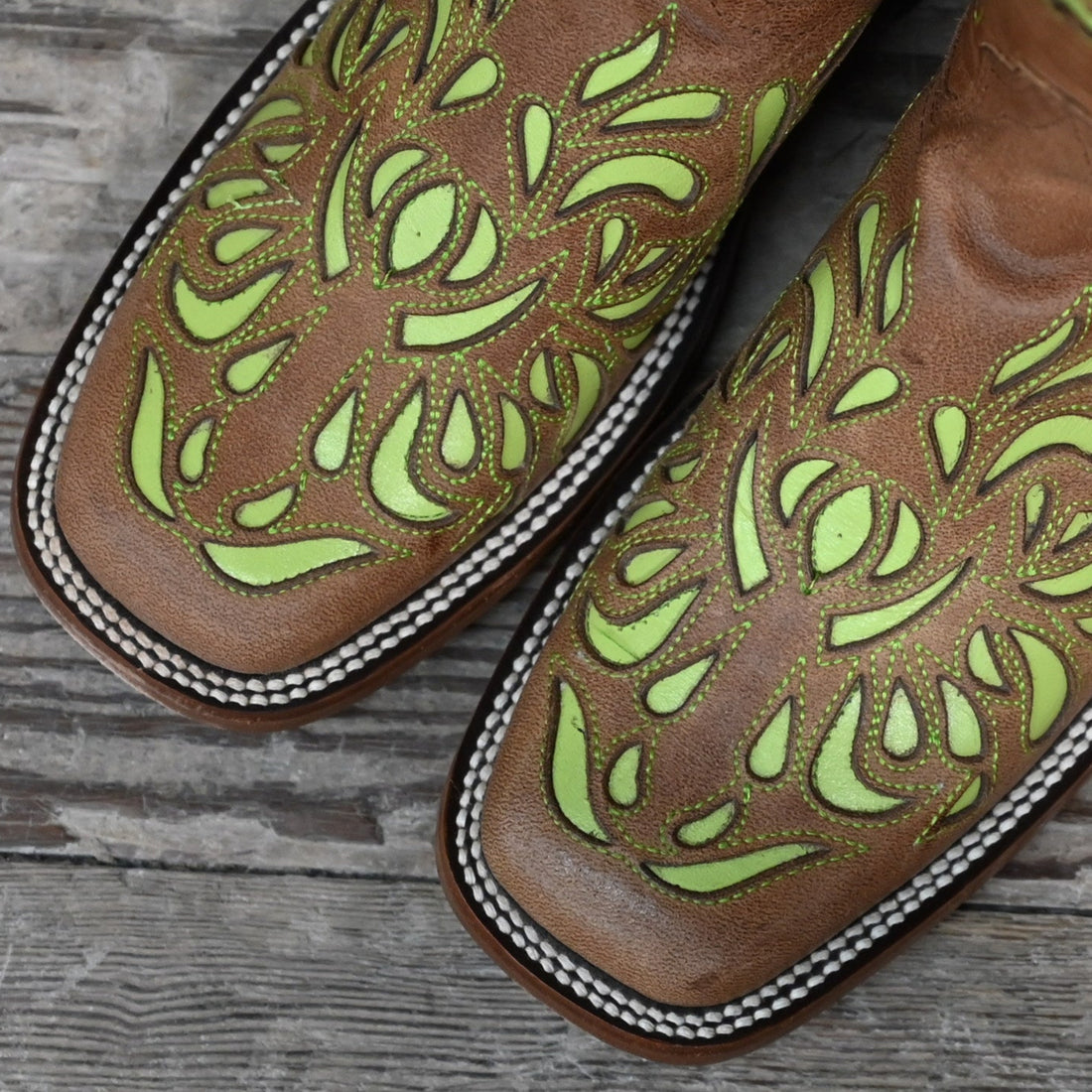 View of Hondo 13" cowboy boot in maple vintage leather with lime inlays and wide square toe