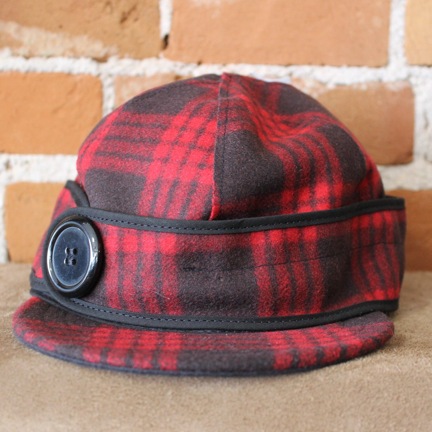 Side Button Cap In Red And Black Tartan Plaid view of cap
