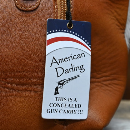 American Darling Hair On Tooled Tote Bag with Zipper Closure view of tag