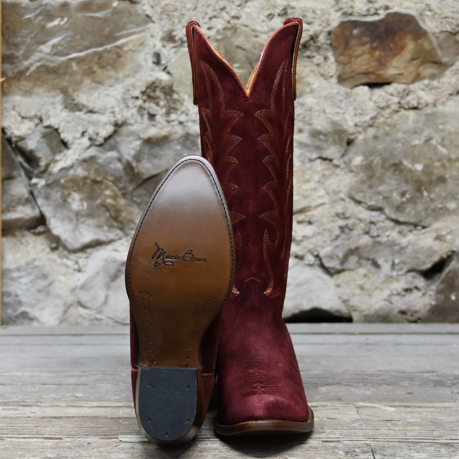 View of Macie Bean 15&quot; wine suede &quot;Cabernet Cowgirl&quot; boot with almond toe and Citygirl heel