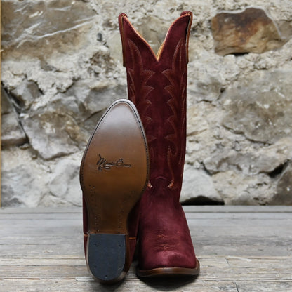 View of Macie Bean 15&quot; wine suede &quot;Cabernet Cowgirl&quot; boot with almond toe and Citygirl heel
