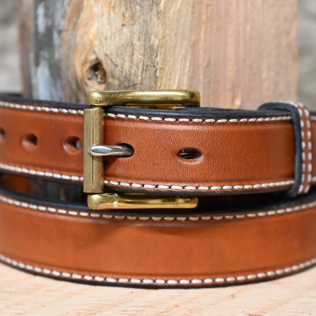 1.25&quot; Tan Double Stitched Belt view of close up
