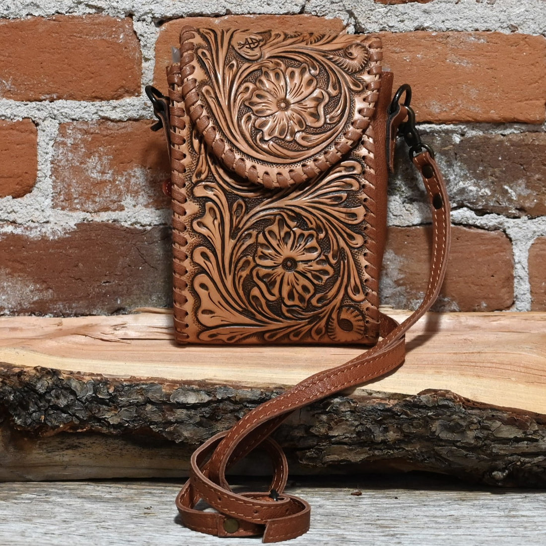 American Darling Tooled Leather Crossbody Cell Phone Bag view of front