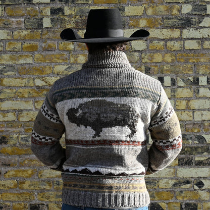 Yellowstone - Mens Wool Knit Sweater with Buffalo in Medium Natural view of back