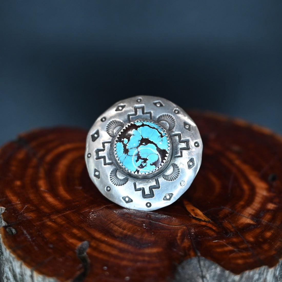 Calico Rose small round sterling silver scarf slide with Yungai turquoise stone, handmade in Montana