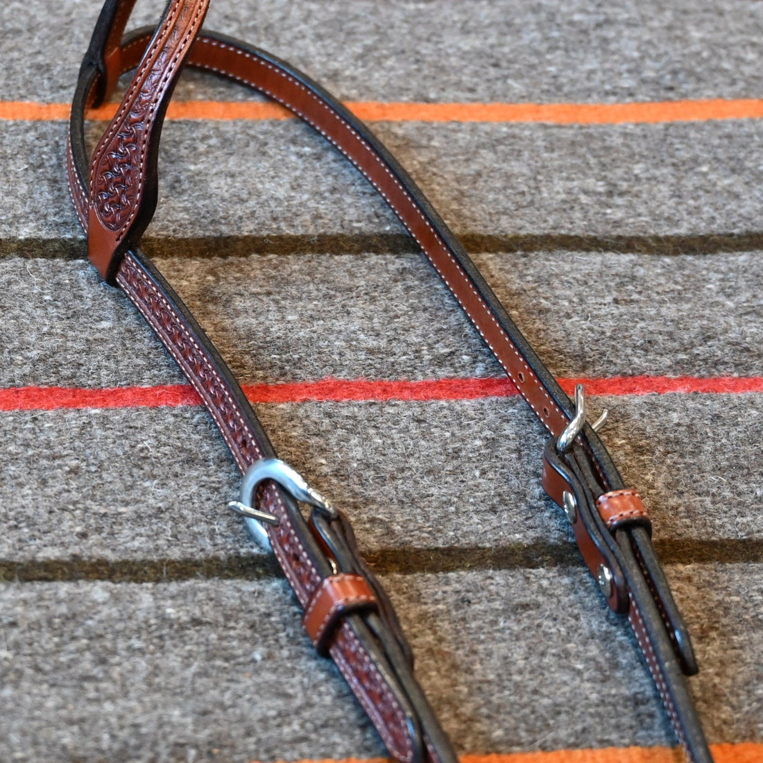 Full Sliding 1 1/4 inch Concho Ear Headstall with 1 1/4 inch Cheeks-Crazy Basket Tolling, Antique