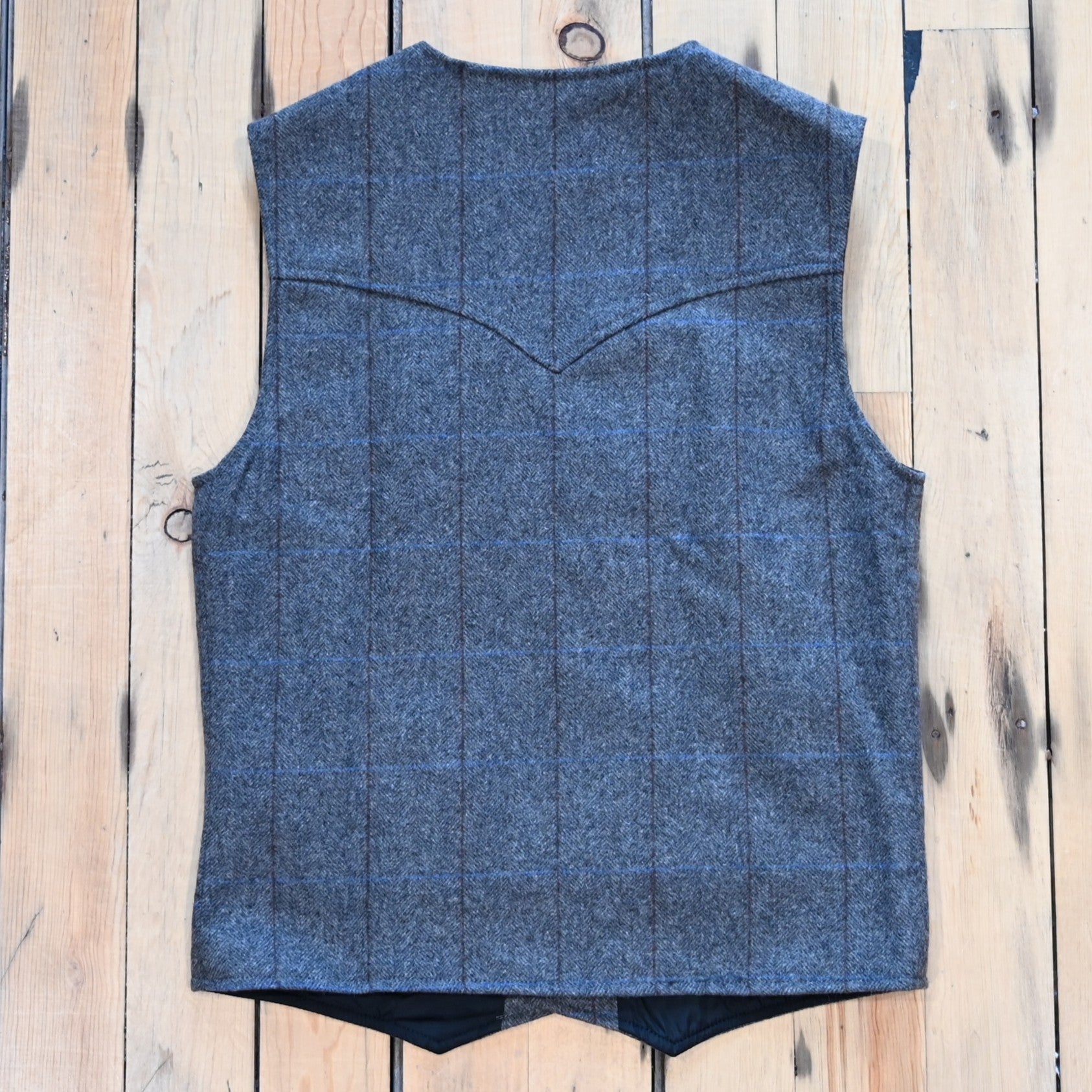 Schaefer McAllin wool vest in heather gray windowpane pattern with snap front