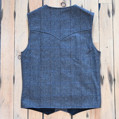 Schaefer McAllin wool vest in heather gray windowpane pattern with snap front