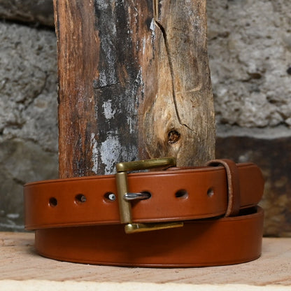 1 1/4&quot; Unlined Belt Tan- longer buckle view of belt and buckle