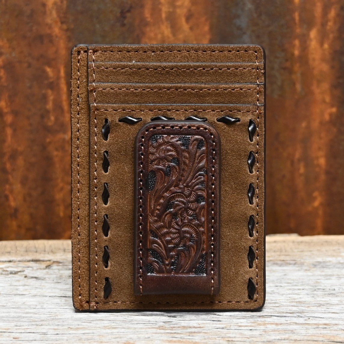 Leather Money Clip Floral and Rough Out